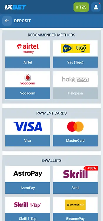 Step 3 - Pick your preferred 1xBet deposit method